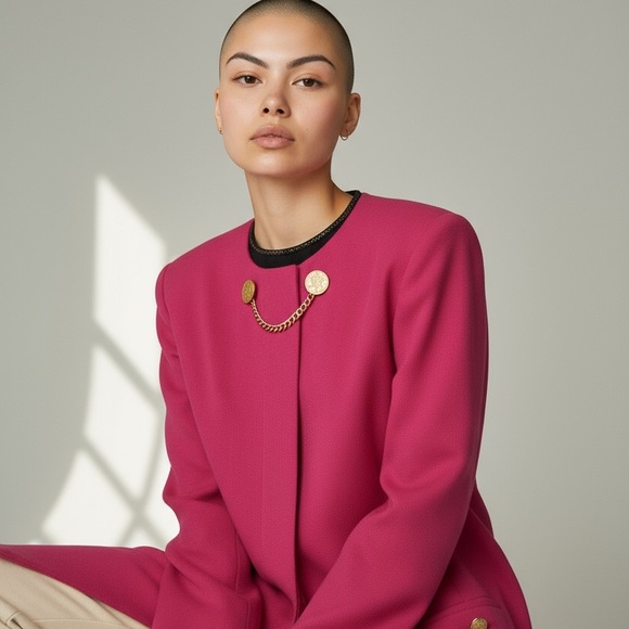 Vintage 1980s Depeche Mode Hot Pink Sheath Dress Gold Button Chain Front Size 10 - Picture 3 of 10